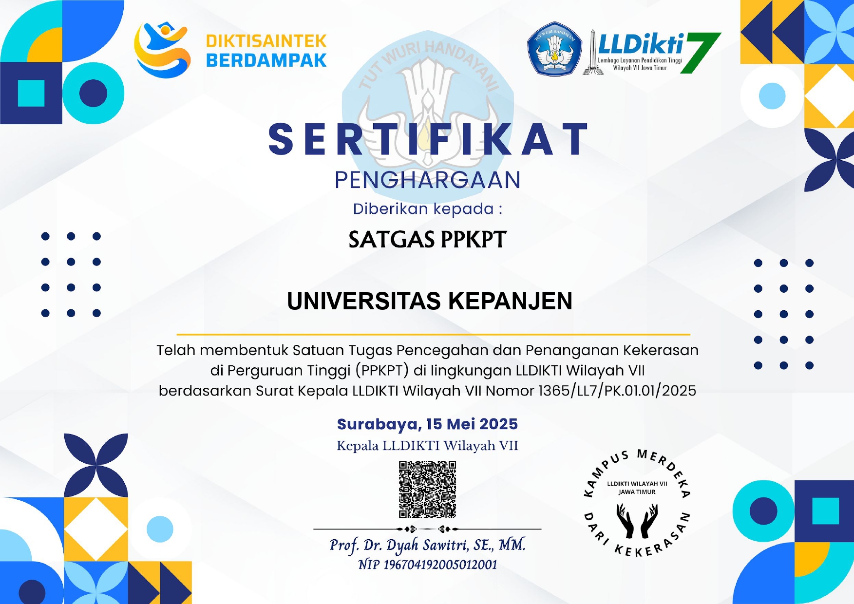 Sertifikat Satgas PPKPT Universitas Kepanjen